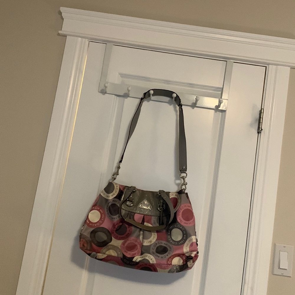 Coach pink and grey leather and fabric hobo handbag